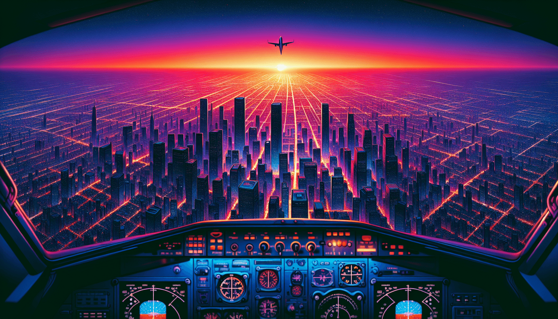 Sunset cityscape from airplane cockpit